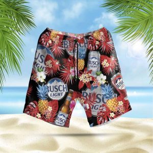 Busch Light Tropical Leaf Red Hawaiian Beach Shorts