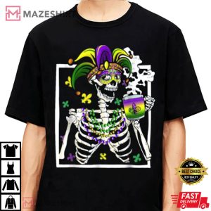 Mardi Gras Skeleton With Smiling Skull Drinking Coffee Latte T Shirt 2