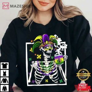 Mardi Gras Skeleton With Smiling Skull Drinking Coffee Latte T Shirt 3