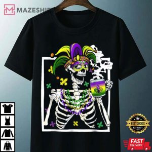 Mardi Gras Skeleton With Smiling Skull Drinking Coffee Latte T Shirt 4
