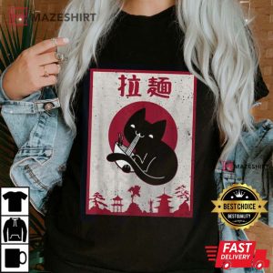 Black Cat Love Ramen Kawaii Anime Japanese Red Sunset T Shirt 3