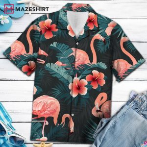 Flamingo Dark Green Tropical Trendy Hawaiian Shirt