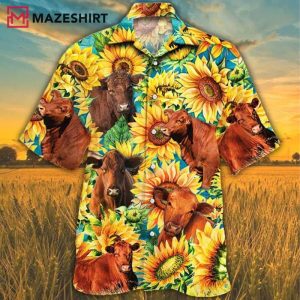 Red Angus Cattle Lovers Sunflower Watercolor Cow Hawaiian Shirt