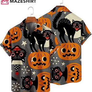 Black Cat Pumpkin Pattern Halloween Hawaiian Shirt (2)
