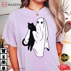 Halloween Ghost Holding Black Cat Comfort Colors T Shir (4)