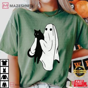 Halloween Ghost Holding Black Cat Comfort Colors T Shir