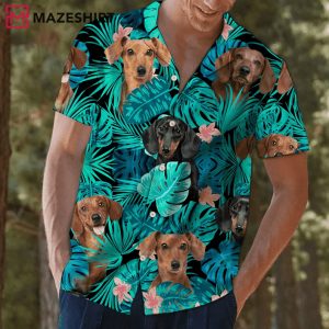Dachshund Behind Tropical Leave Trendy Hawaiian Shirt
