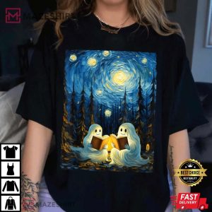 Halloween Starry Night Ghost Book Reading Camping Van Gogh T Shirt (3)