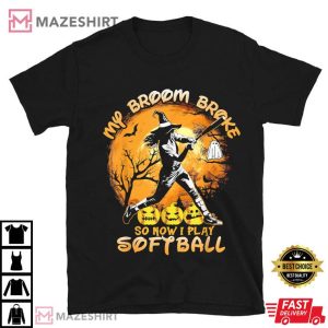 Halloween Baseball My Broom Broke So Now I Play Softball T Shirt (2)