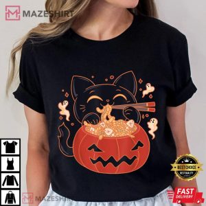 Kawaii Cat Eating Worms Ramen Halloween T Shirt (3)