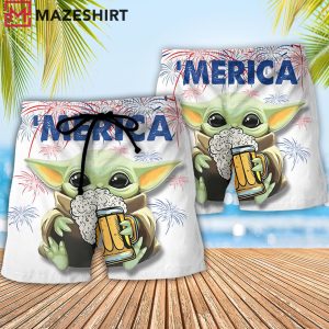 Baby Yoda With Beer Aloha Hawaiian Beach Shorts
