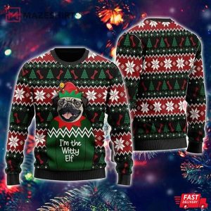 Witty Elf Bulldog Ugly Christmas Sweater Witty Elf Bulldog Ugly Christmas Sweater