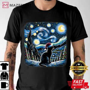 Van Gogh Black Cat Starry Night Festive Christmas T Shirt (2)