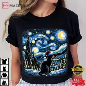 Van Gogh Black Cat Starry Night Festive Christmas T Shirt (3)