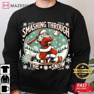 Santa Baseball Player Smashing Through The Snow T Shirt (3)