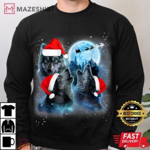 Three Wolves Howling Under Moon Christmas T Shirt (4)