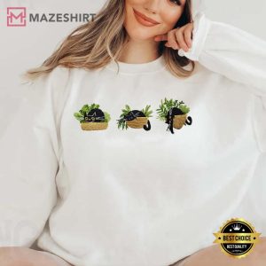 Cute Black Cat And Plants Embroidered Crewneck (1)