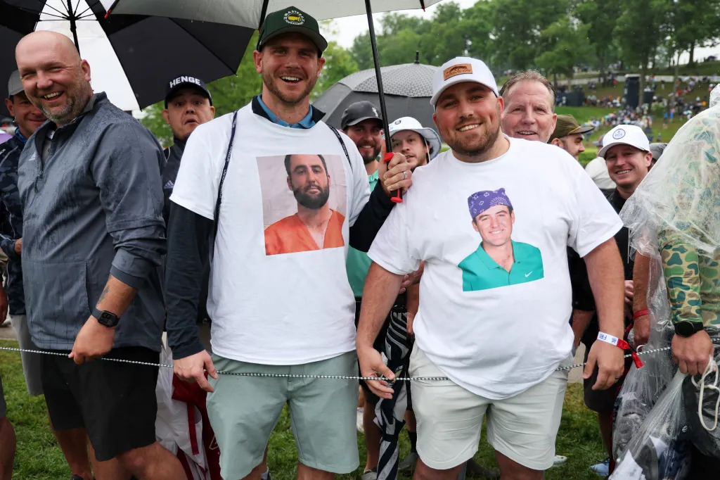 Scottie Scheffler fans wear T shirts with his mug shot at PGA Championship