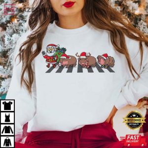 Moo Deng Baby Pygmy Hippo Santa Abbey Road T Shirt (2)