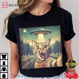 Cat UFO Selfie Art Funny Cat Alien T Shirt (1)