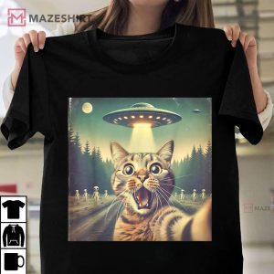 Cat UFO Selfie Art Funny Cat Alien T Shirt (2)