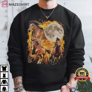 Three Horse Moon Fire Stallion Wild Horse Lovers T Shirt (1)