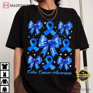 Colorectal Colon Cancer Awareness Coquette Bow Blue Ribbon T Shirt (3)