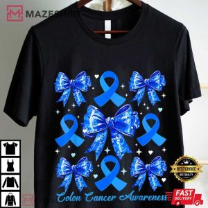 Colorectal Colon Cancer Awareness Coquette Bow Blue Ribbon T Shirt (2)