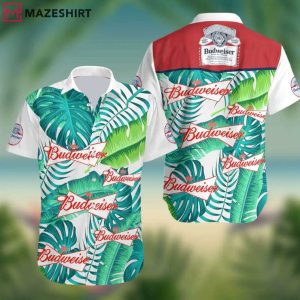 Beer Budweiser Tropical Palm Leave Green Aloha Hawaiian Shirt