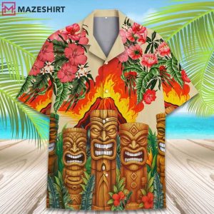 Tropical Tiki Volcano Colorful Hibiscus Aloha Hawaiian Shirt ( (4)