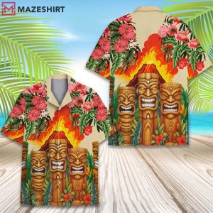 Tropical Tiki Volcano Colorful Hibiscus Aloha Hawaiian Shirt (