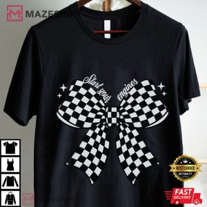 Racing Day Start Your Engines Checkerboard Coquette Bow T Shirt (1)