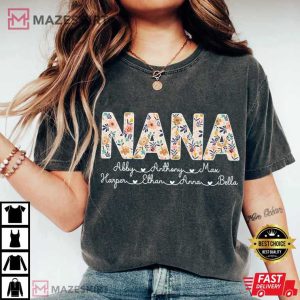 Floral Nana Custom With Grandkids Names Mothers Day T-Shirt