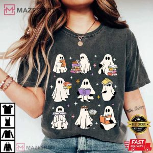 Ghost Reading Books Bookish Halloween Teacher Librarian T-Shirt