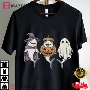Spooky Shark Pumpkin Witch Ghost Halloween T Shirt (1)