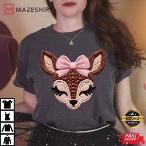 Deer With Pink Bow Doe Faux Yarn T Shirt (4)