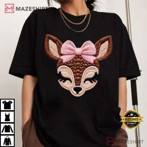 Deer With Pink Bow Doe Faux Yarn T Shirt (1)