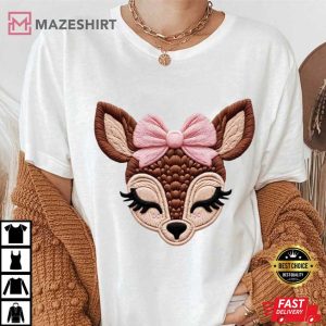 Deer With Pink Bow Doe Faux Yarn T Shirt (2)