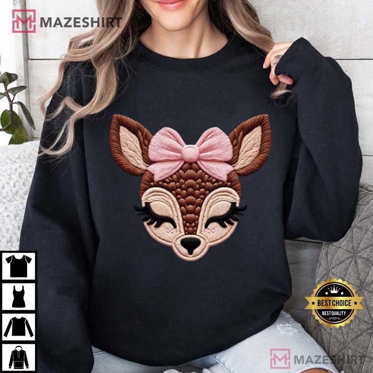 Deer With Pink Bow Doe Faux Yarn T-Shirt Deer With Pink Bow Doe Faux Yarn T-Shirt