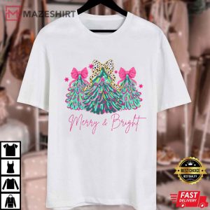 Merry And Bright Christmas Tree Holiday Festive Bow Lights T Shirt (4)