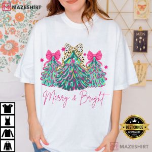 Merry And Bright Christmas Tree Holiday Festive Bow Lights T Shirt (1)