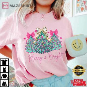Merry And Bright Christmas Tree Holiday Festive Bow Lights T Shirt (2)