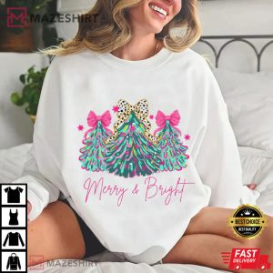 Merry And Bright Christmas Tree Holiday Festive Bow Lights T Shirt (3)