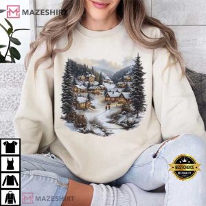 Christmas Winter Village Mountain Pine Trees Vintage T Shirt (4)