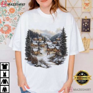 Christmas Winter Village Mountain Pine Trees Vintage T Shirt (2)