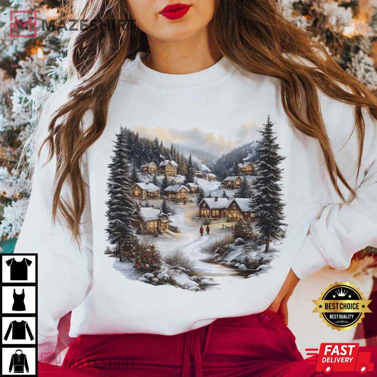 Christmas Winter Village Mountain Pine Trees Vintage T-Shirt Christmas Winter Village Mountain Pine Trees Vintage T-Shirt