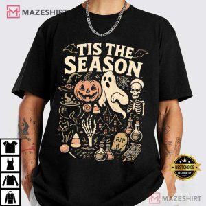Tis The Season Skeleton Pumpkin Ghost Halloween T Shirt (4)