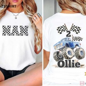 Monster Truck Checkerboard Text And Flag Personalized T Shirt (2)