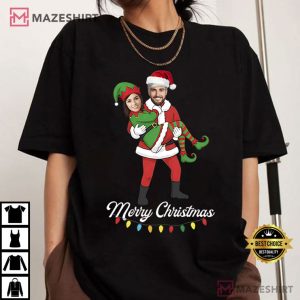 Santa And Elf Christmas Custom Face Photo Couple T-Shirt