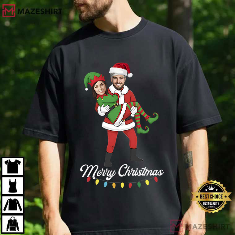 Santa And Elf Christmas Custom Face Photo Couple T-Shirt Santa And Elf Christmas Custom Face Photo Couple T-Shirt